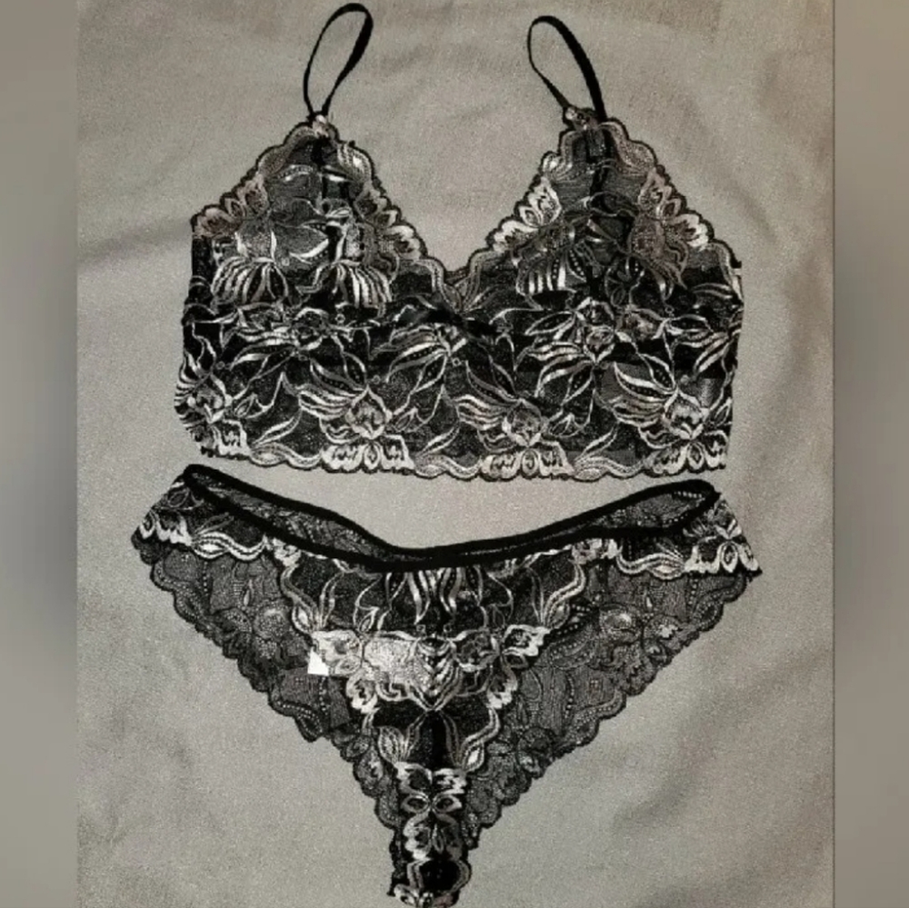 BLACK LACE BRALETTE PANTY SET LINGERIE BLACK STRETCHY Large